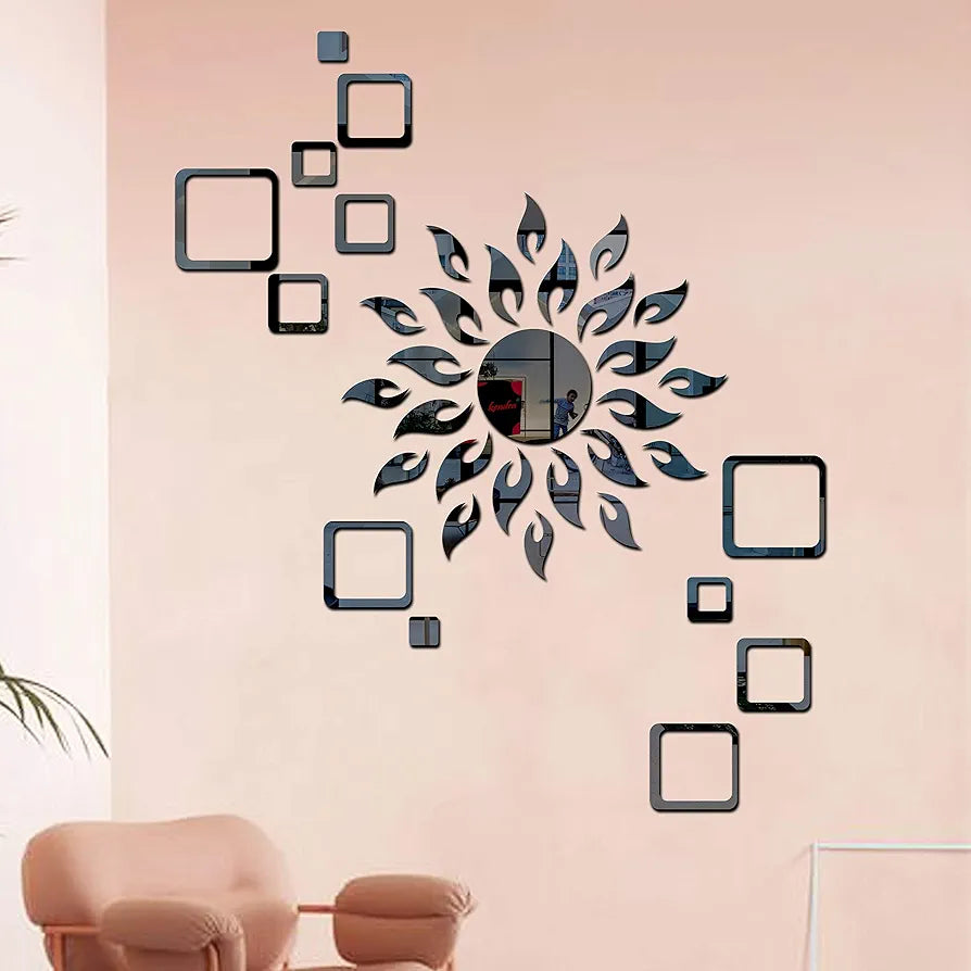 Bikri Kendra Art BK78, Sun Black with Square Black 2 Set 3D Acrylic Mirror Stickers for Wall