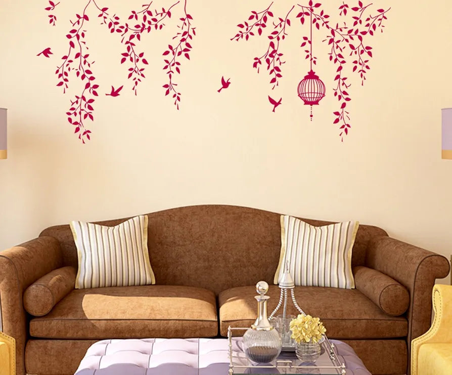 Decals Design Hanging Vines with Cage and Birds Wall Sticker