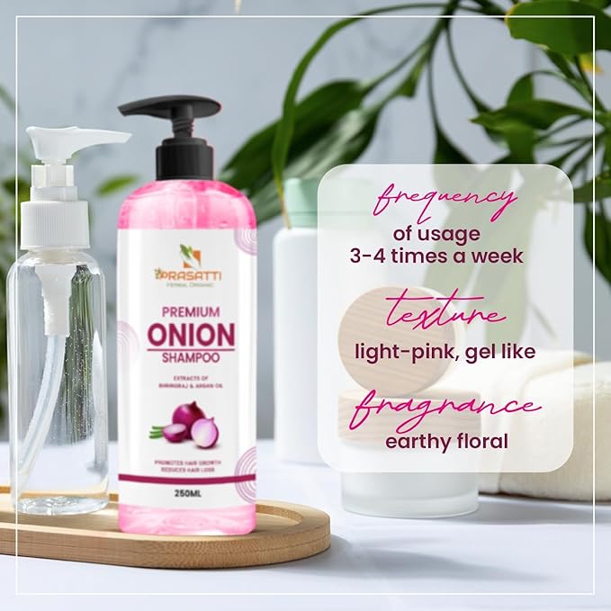 Prasatti Herbal Organic Onion Oil Shampoo With Red Onion Seed Oil Extract, Black Seed Oil & Pro-vitamin B5 | 250 Ml