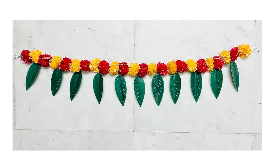 Artificial Marigold &Mango Leaves Simple Door-Window Toran Light Orange and Red