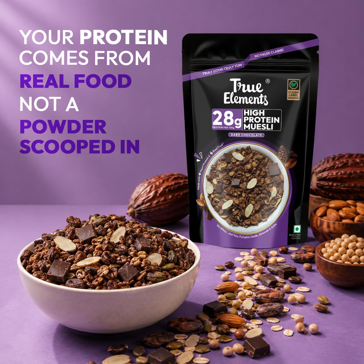 True Elements High Protein Muesli 400g | 28g Protein | Dark Chocolate | Healthy Breakfast Cereal | Rich in Nuts, Seeds & Wholegrains | No Added Preservatives