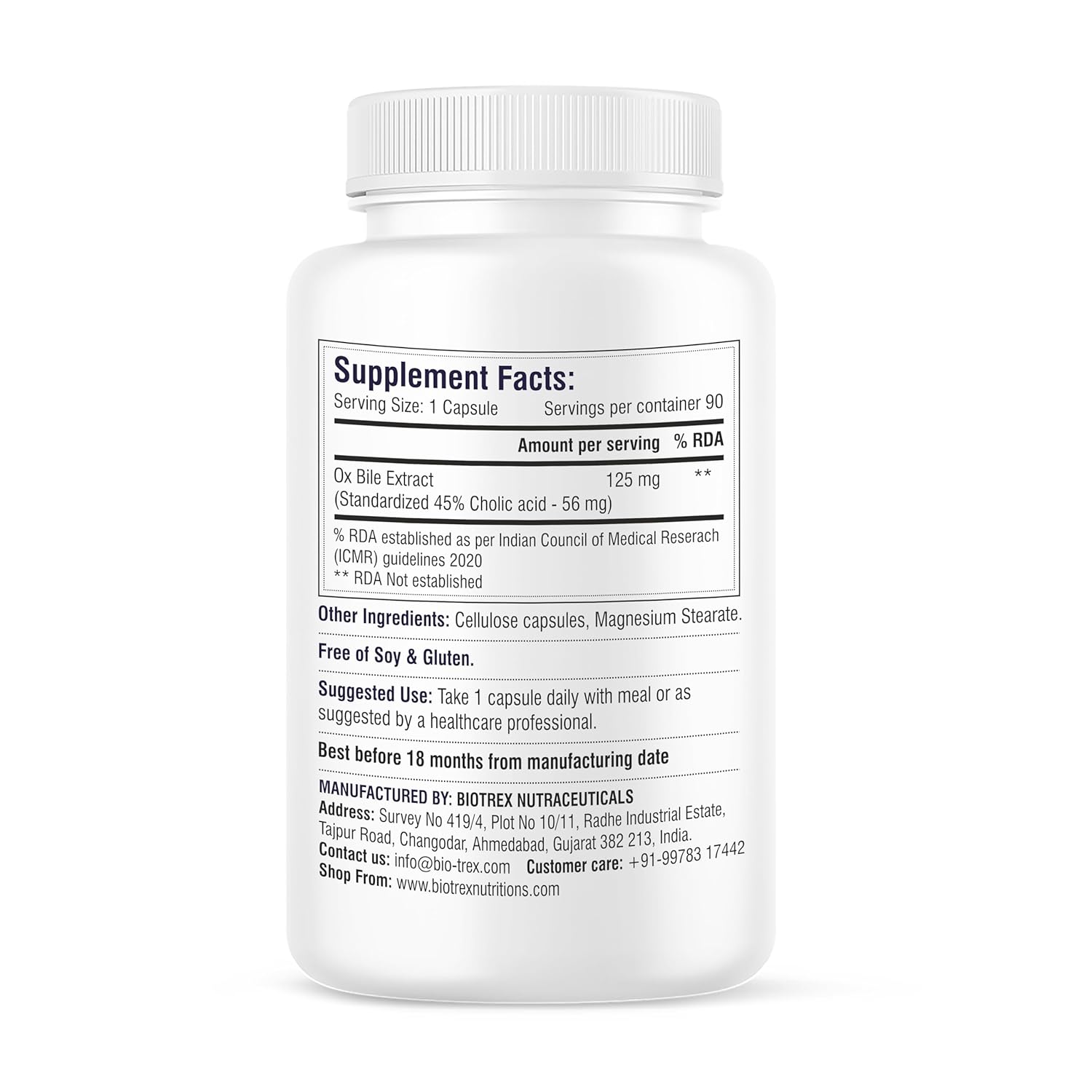 Biotrex Nutraceuticals OX BILE EXTRACT 125mg, 45% CHOLIC ACID, Supports Gallbladder Health & Supports Healthy Digestion, Bile Synthesis Support, (Gluten Free & Non-GMO) - 90 Capsules
