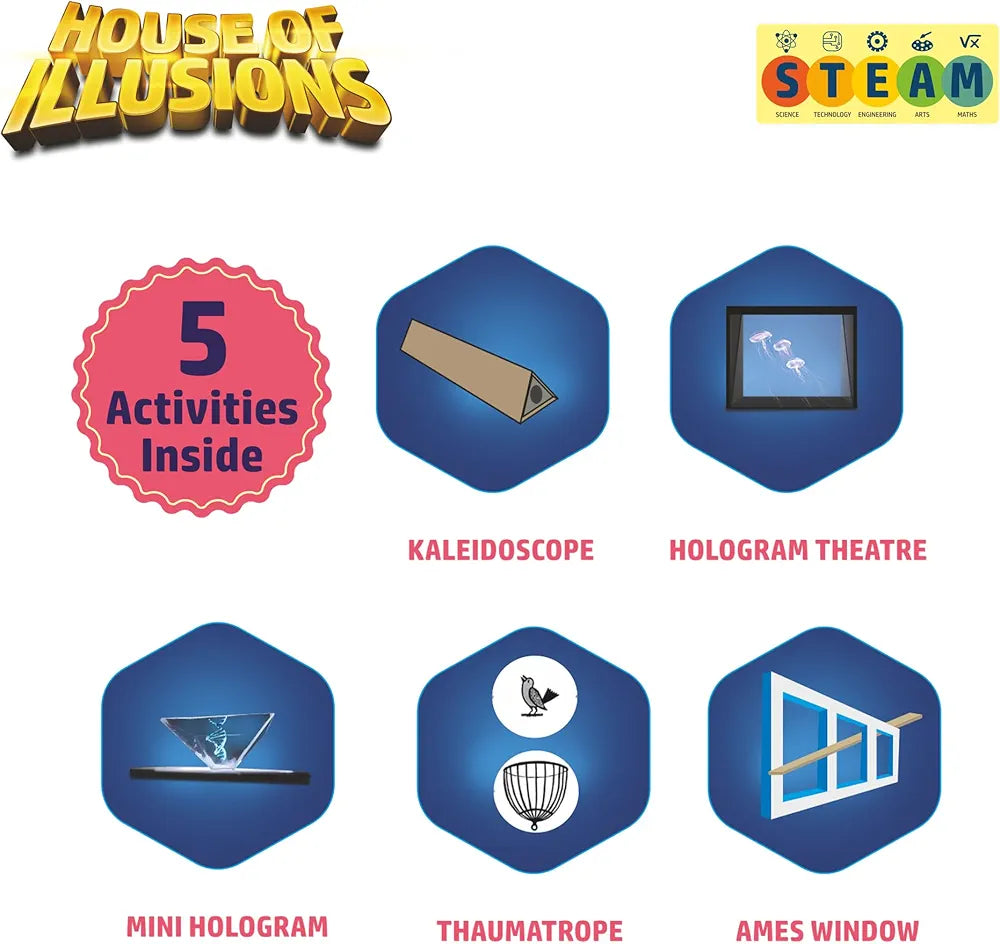 FLO Toys House of Illusions STEM Kit for Kids Age 6+ 5 Optical Illusion Experiments Kaleidoscope Hologram Theatre Mini Hologram Thaumatrope & Ames Window