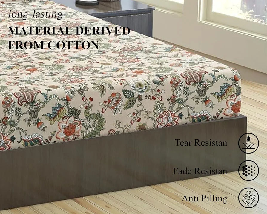 Trance Home Linen 144TC 100% Cotton 78"x72" Standard King Size Elastic Fitted Bedsheet Printed King Bed Size with 2 Pillow Covers Colour Malhaar Beige