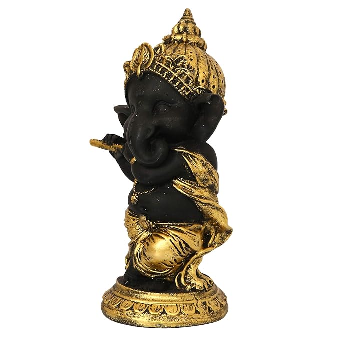 Ecraftindia Golden and Black Polyresin Lord Ganesha Idol Playing Flute Musical Instrument Decorative Showpiece