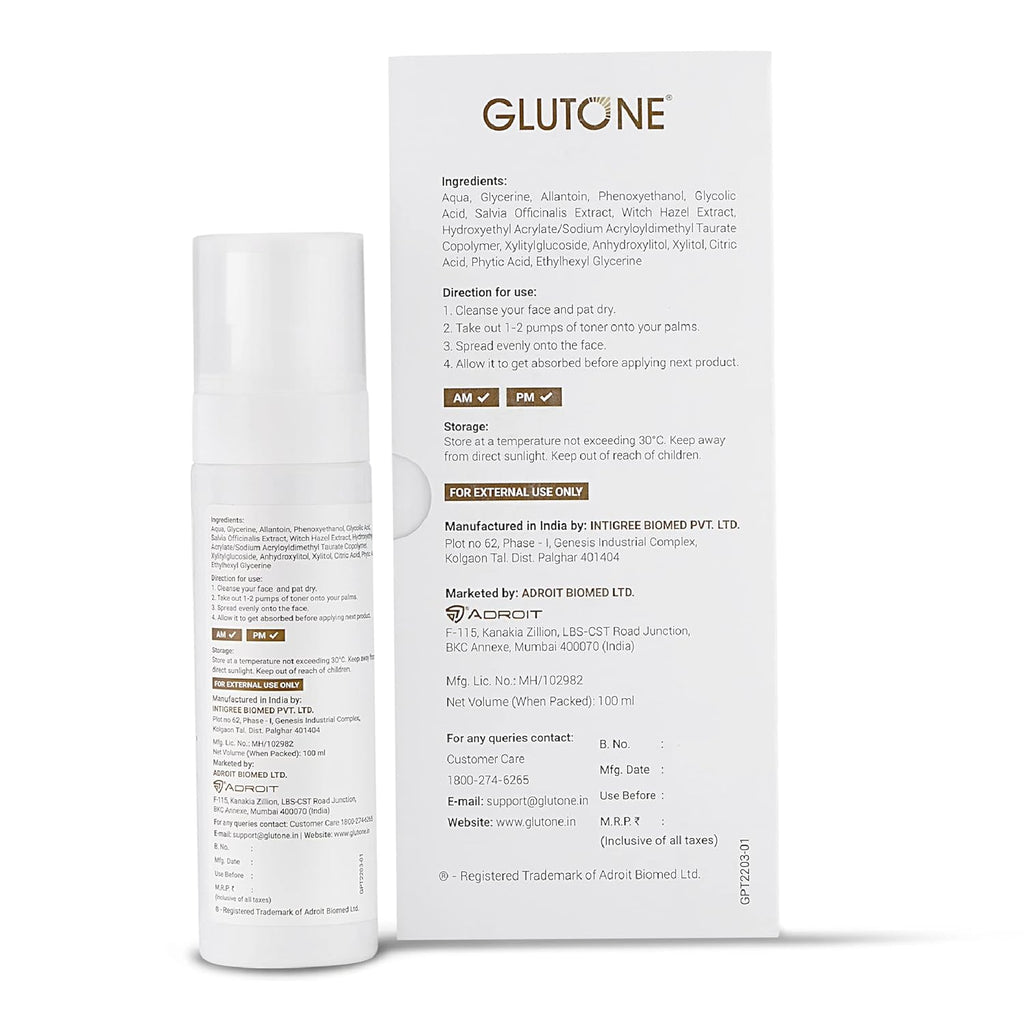 Glutone Pore Tightening Toner with AHA& Witch Hazel Extract |Smoother skin Appearance, clears & tightens clogged pores |Gentle Exfoliation for Sebum & shine Control |100ml