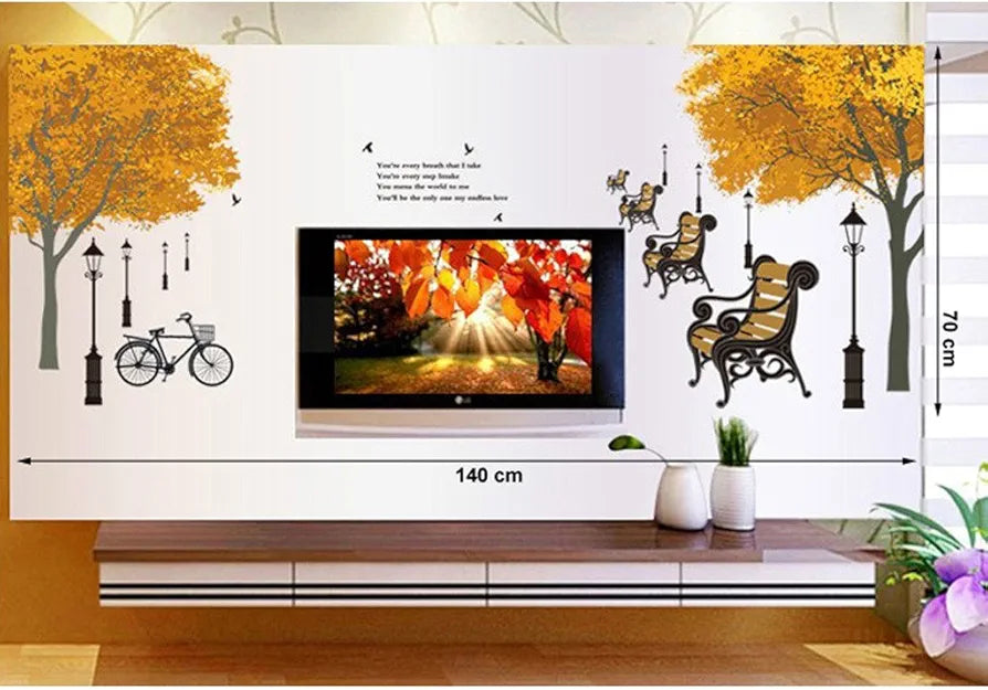 Decals Design Trees in Autumn Antique Lamps Benches Bicycle and Love Quote Wall Sticker