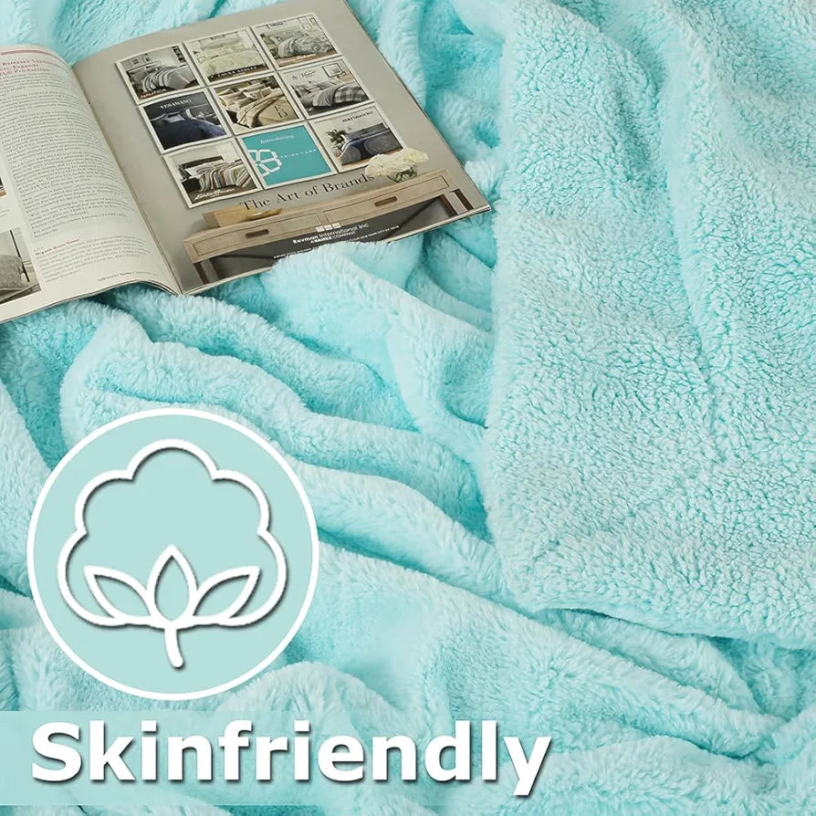 Homekart Faux Rabbit Fur with Sherpa Luxurious Soft Reversible Blanket for Single Size Bed 500GSM Blanket Color- Aqua