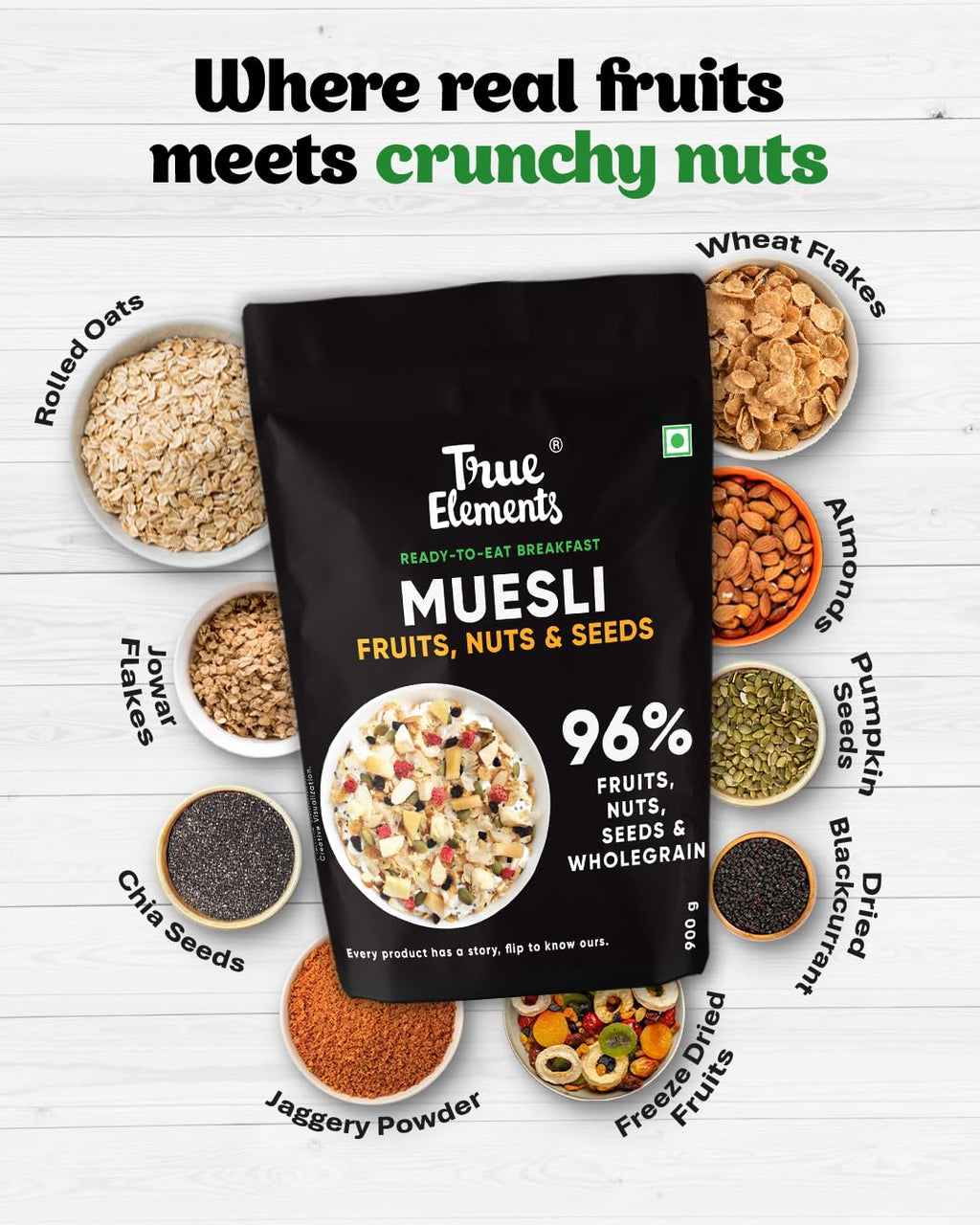 True Elements Muesli Fruit and Nuts 1kg - With Real Fruits & Almonds | 100% Wholegrain Muesli with Oats, Almonds | Real Freeze-dried fruits, Not Candied | Breakfast Cereal | High Fibre & Nutrient-Rich blend