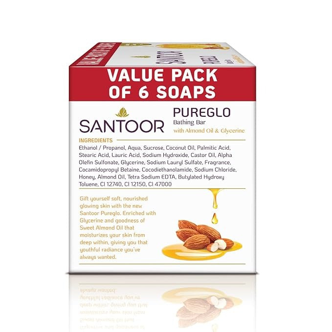 Santoor PureGlo Glycerine Soap with Almond Oil and Glycerine - 125 gms (Pack of 6)