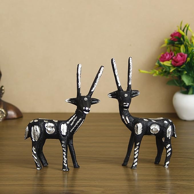 Ecraftindia Set of 2 Black and Silver Metal Handcrafted Deer Figurine