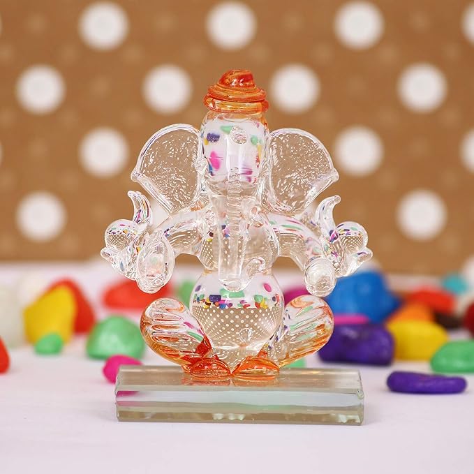 Ecraftindia Orange and Transparent Double Sided Crystal Car Ganesha Showpiece