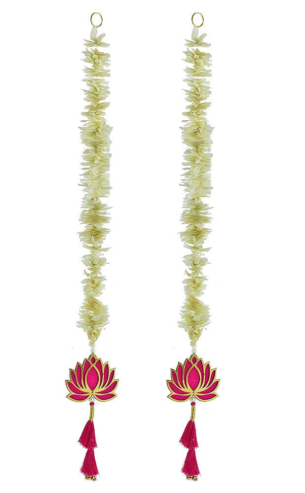 Handmade Artificial Mogra Garland with Lotus Hanging for Decoration White Flower Strings with Pink Lotus & Tassel