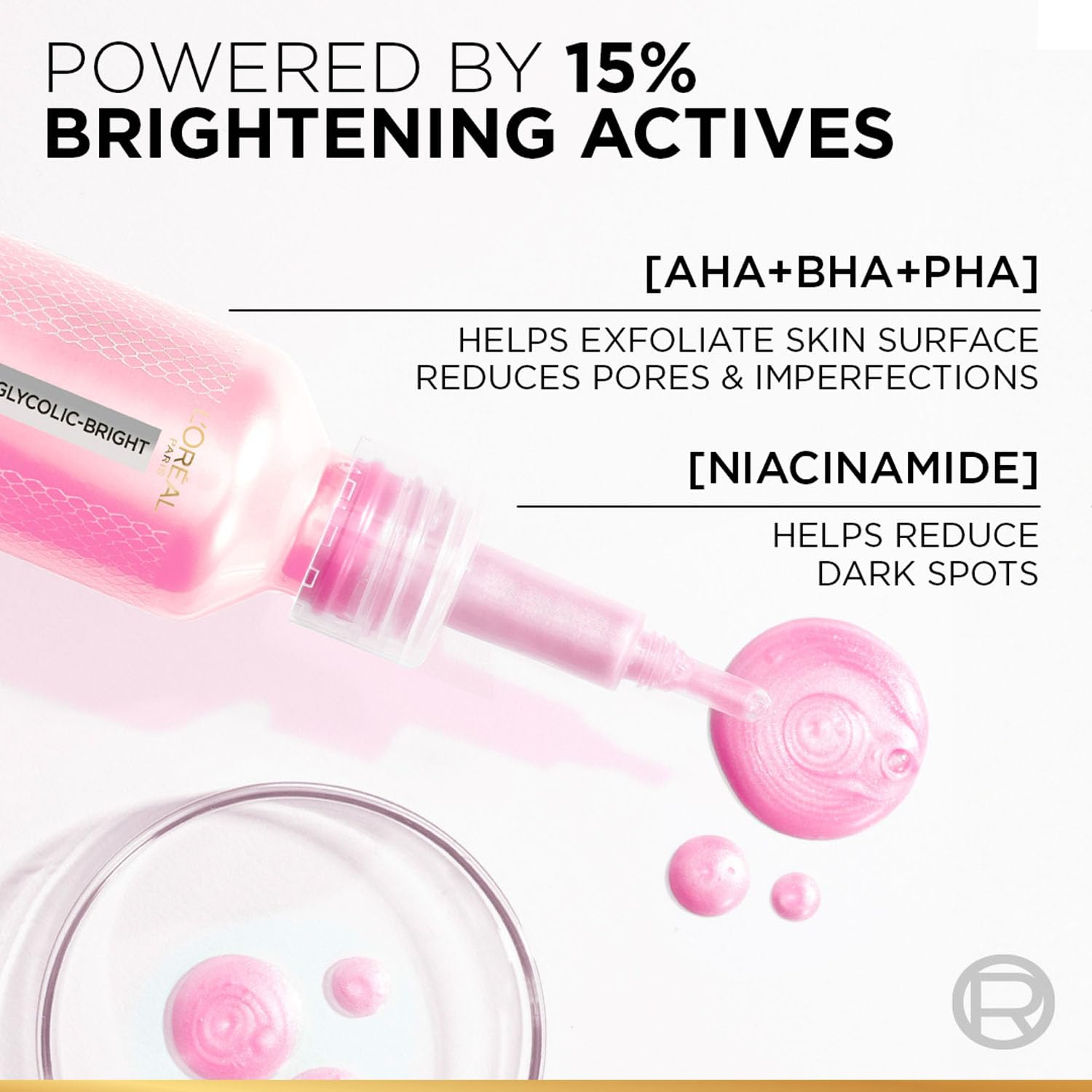 Lâ€™OrÃ©al Paris Glycolic-Bright Anti Dark Spot Exfoliant Peel 15% AHA + BHA + PHA + Niacinamide 25ml | Suitable for Sensitive Skin | Results in 1st use