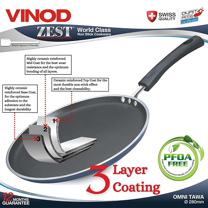 Vinod Zest Aluminium Non Stick Dosa Omni Tawa - 28cm | 3mm Extra Thick | 3 Layer Ceramic Coat | Bakelite Handle