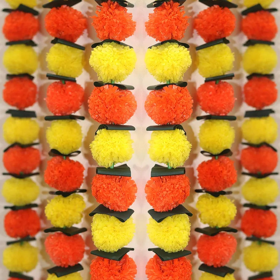 Reusable Artificial Flowers Hanging Garlands with Mango Leaf Artificial Marigold Genda Flowers Toran Pack of 3 Red & Yellow
