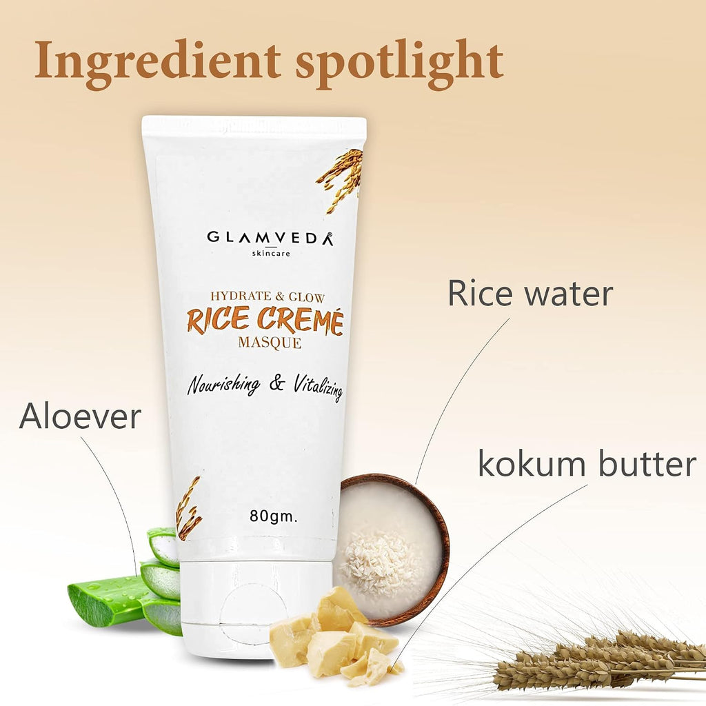 Glamveda Rice Water Cream Mask for Hydration & Glow | Face Pack for Dull, Dry & Sensitive Skin | Face Masque | Suitable for Men & Women | Paraben & SLS Free | 80 g