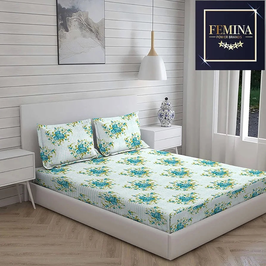 Layers California Bedsheet Set for All Seasons Lightweight, Moisture Absorbent 225 CVC King Size White & Blue Floral Pattern