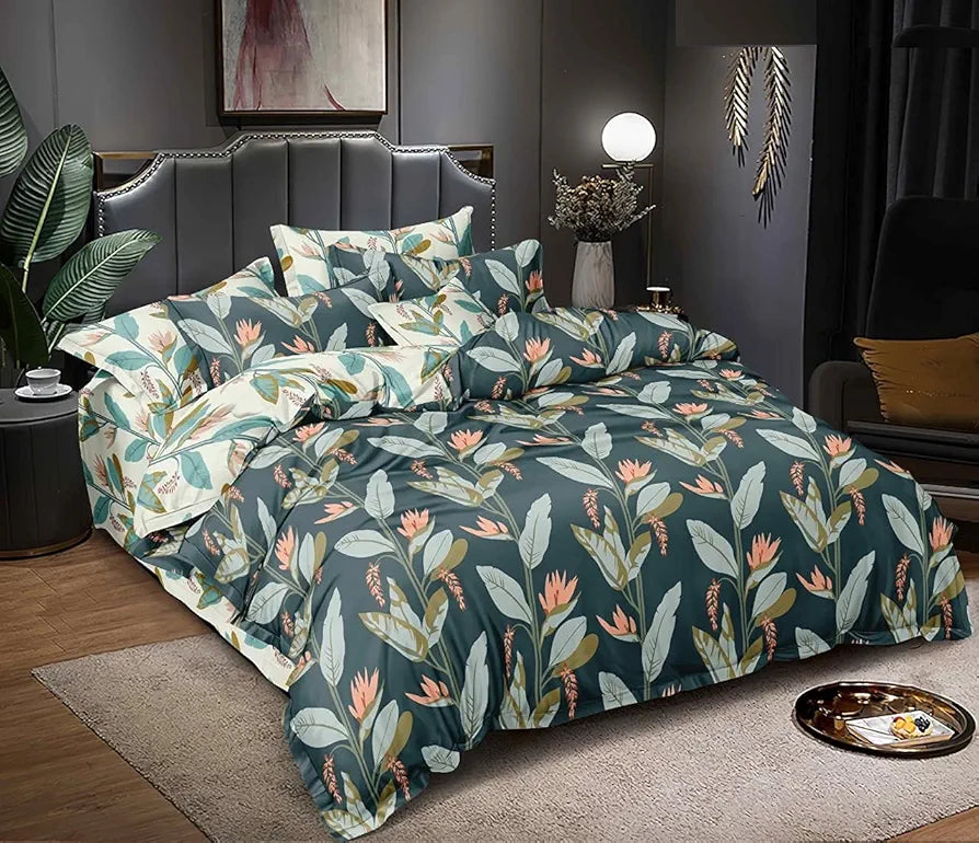 Cotton Feel Glace Cotton All Around Elastic Fitted Printed King Size Double Bed Bedsheet With 2 Pillow Cover,300 TC Forest Green