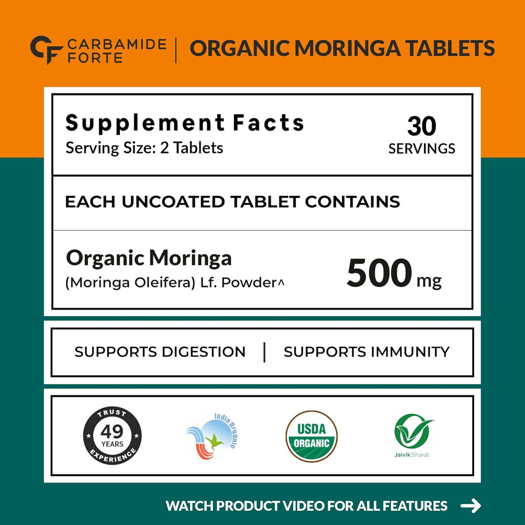 Carbamide Forte Organic Moringa Tablet with 1000mg Leaves Extract | Moringa Powder Tablets for Immunity, Digestion & Energy | Tablets 60