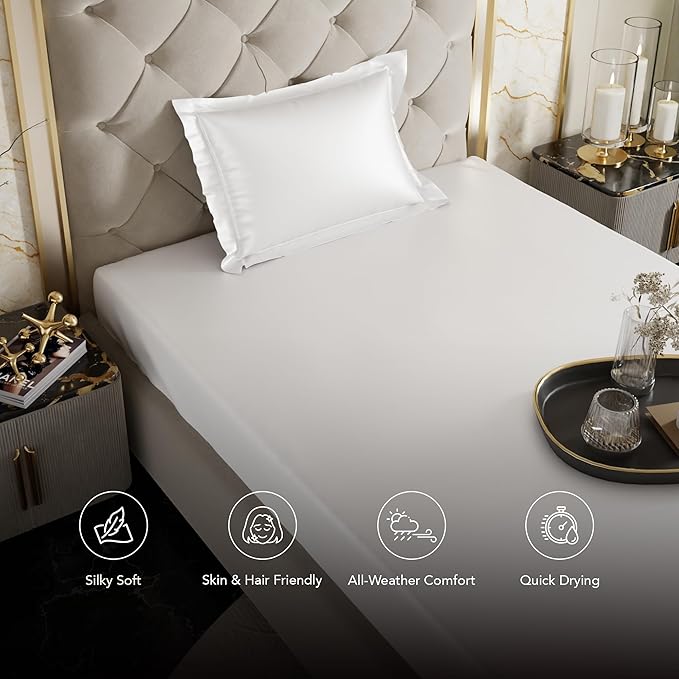Stoa Paris Satin Elastic Fitted Bedsheets for Single Bed 300TC Premium 1 Pillow Cover Colour Vanilla White