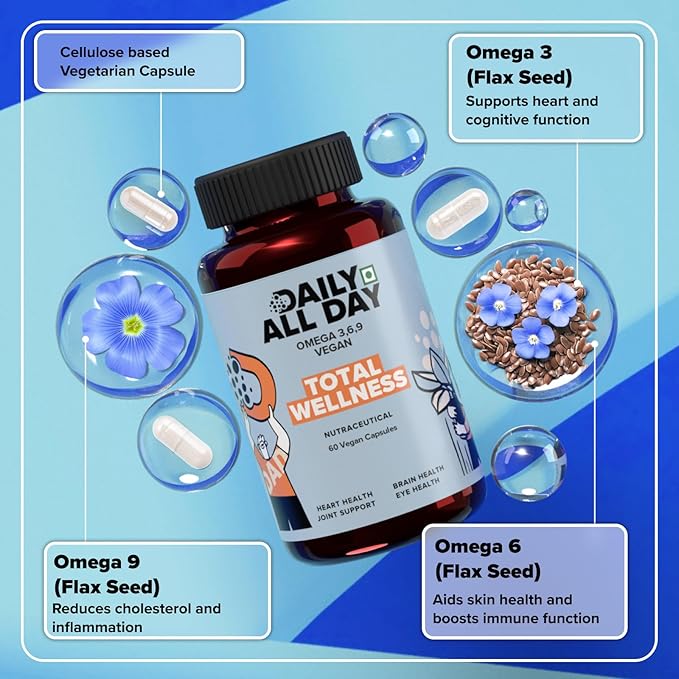 Daily All Day Vegetarian Omega 3 6 9 Supplement Capsule 1000mg Total Wellness - 60 caps