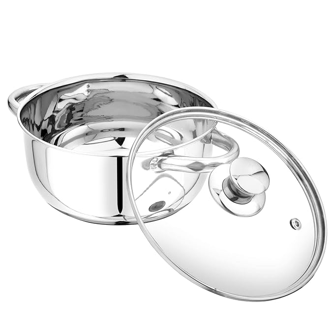Pristine Stainless Steel Tri Ply Induction Base Cook n Serve Casserole with Glass Lid 14 cm - 630 gms