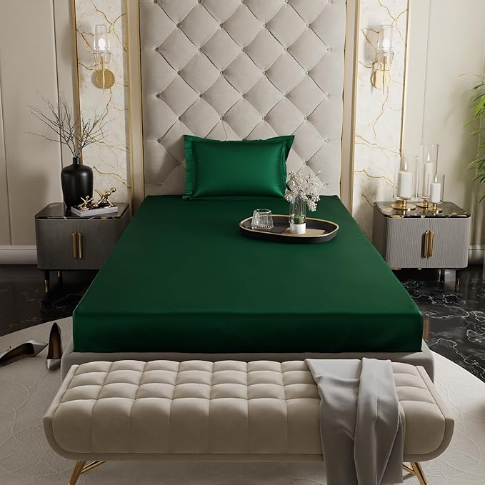 Stoa Paris Satin Elastic Fitted Bedsheets for Single Bed 300TC Premium 1 Pillow Cover Colour Emerald Green