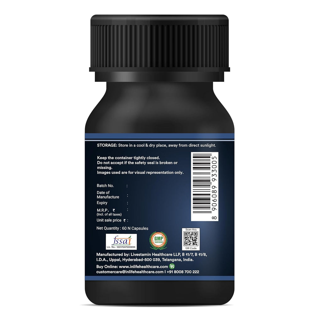 INLIFE Biotin Supplement for Hair | Sesbania, Bamboo Shoot, Bhringraj, Zinc, Vitamin C | for Women Men - 60 Vegetarian Capsules (Pack of 1, 60)