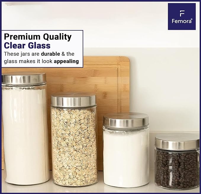 Femora Kitchen Storage Jars Borosilicate Glass With Steel Lid Air Tight Kitchen Jar and Container | 1100 Ml | Pack of 1