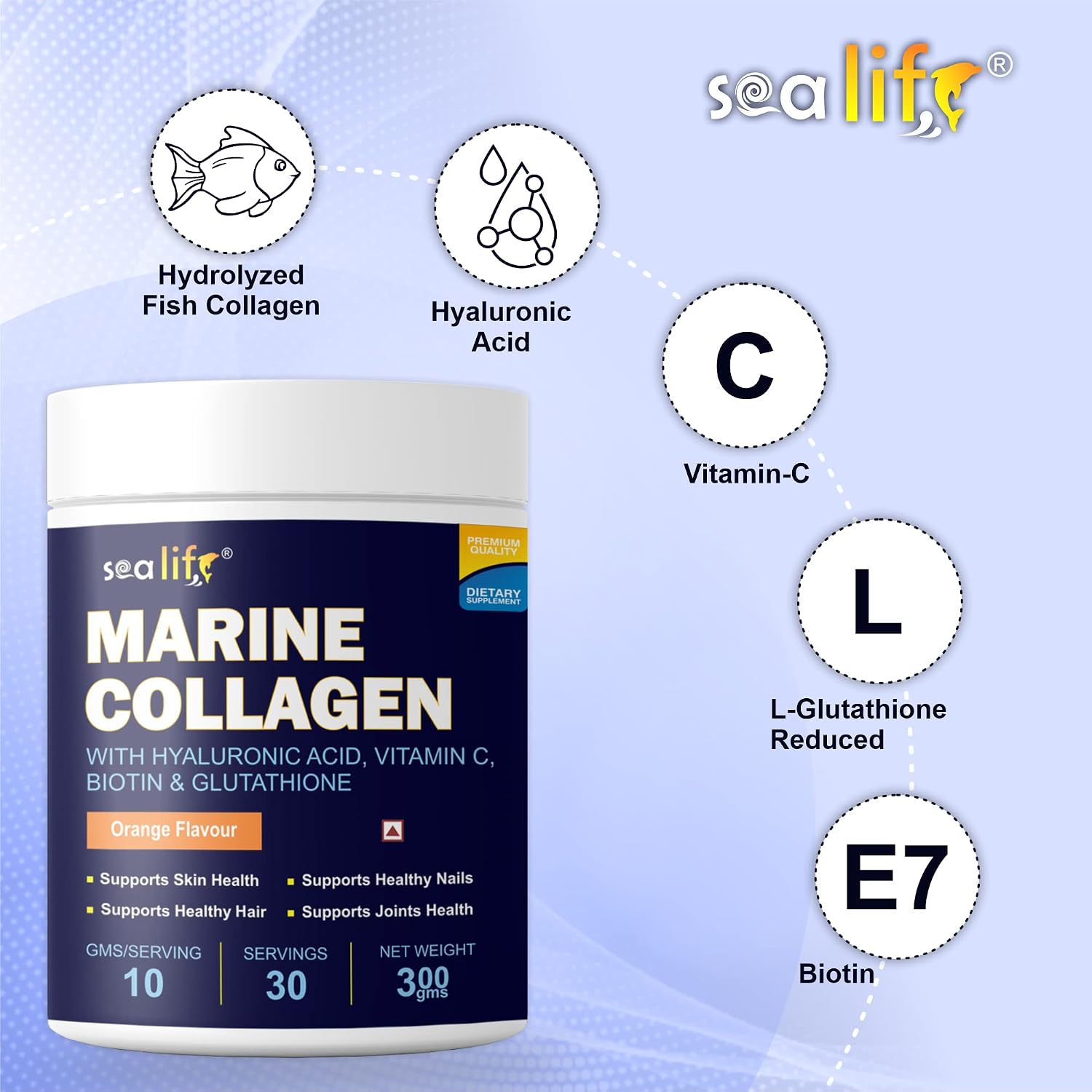 Sea life Marine Collagen Powder | Fish Collagen(300 GM) with Hyaluronic acid, Vitamin-C,Biotin & Glutathione for Hair, Nails, Skin, Muscle and Joints Health (Orange Flavour) Pack of-1