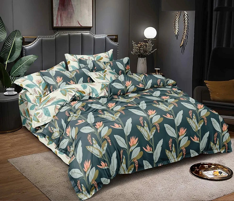 The Home Style Cotton Feel Glace Cotton All Around Elastic Fitted Printed King Size Double Bed Bedsheet With 2 Pillow Cover,300 TC Forest Green