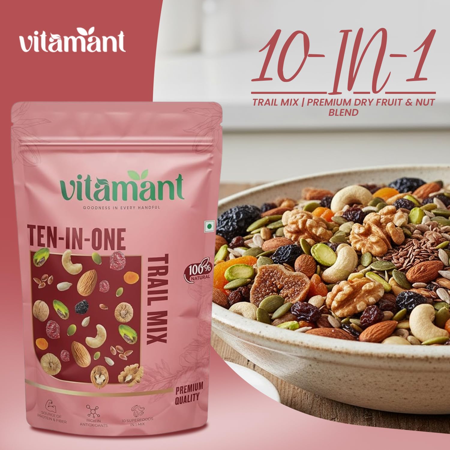 Vitamant 10-in-1 Trail Mix | Premium Mixed Dry Fruits, Nuts & Seeds | Healthy Snack | No Added Sugar | Natural Energy Booster | 250g