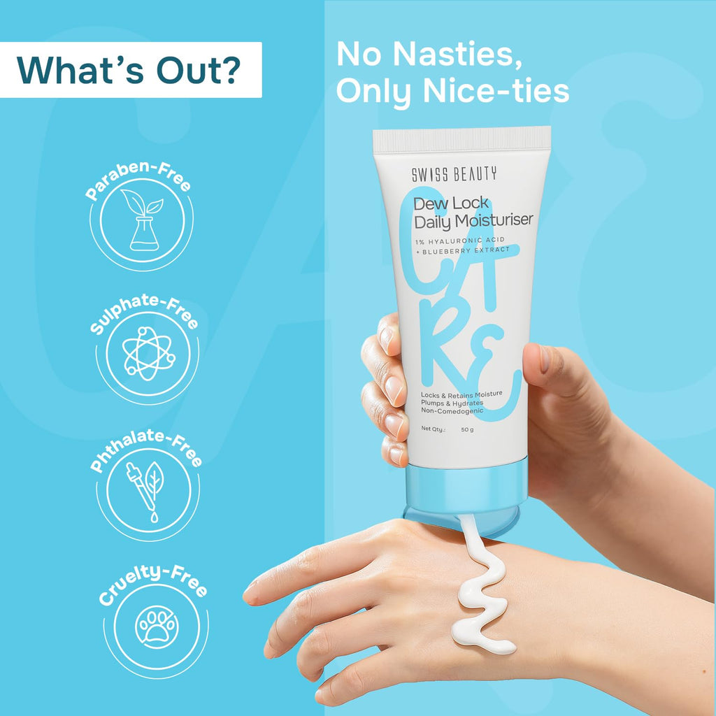Swiss Beauty Dew Lock Daily Moisturiser | 1% Hyaluronic Acid & Blueberry Extract | Locks & Retains Moisture | Plumps & Hydrates | Non-Comedogenic | 50gm