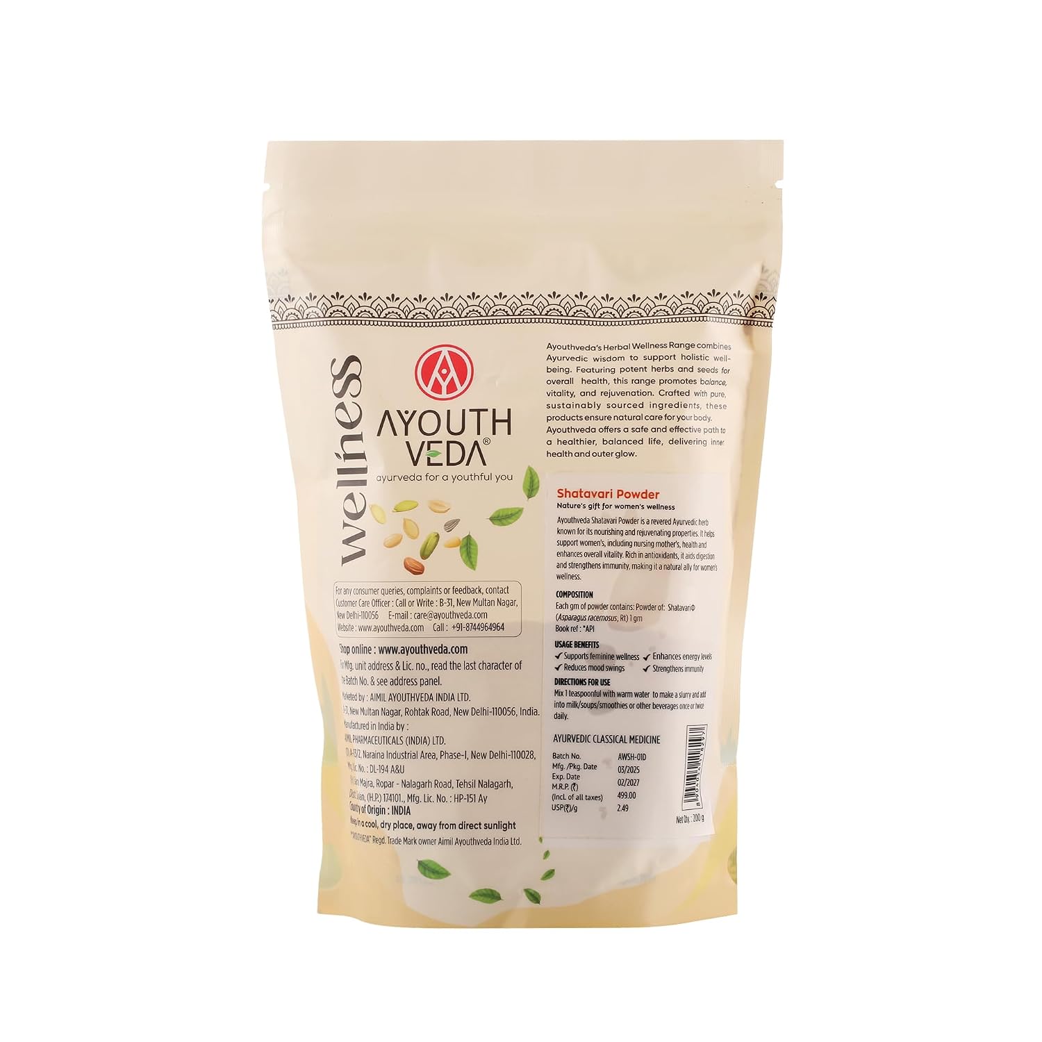 Ayouthveda Shatavari Powder Pure Ayurvedic Herb for Women’s Health & Wellness Net Qty: 200g