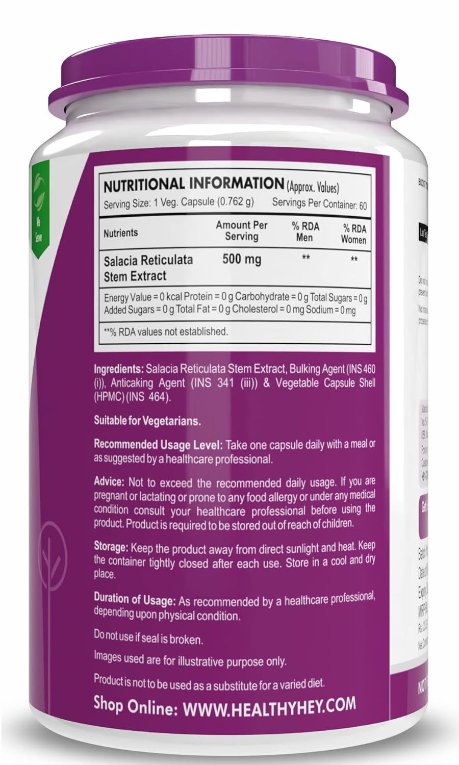 HealthyHey Nutrition Salacia Reticulata Bark Extract - 500mg per serving - 60 Vegetable Capsules