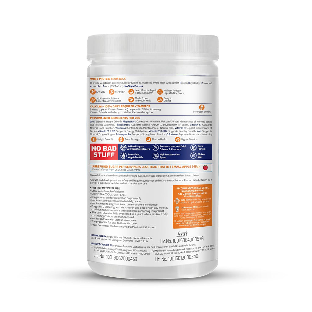 Gritzo SuperMilk Height+ (7-12y Boys), 10g Protein Powder (Double Chocolate, 400g) | Zero Refined Sugar, 21 Vitamins & Minerals