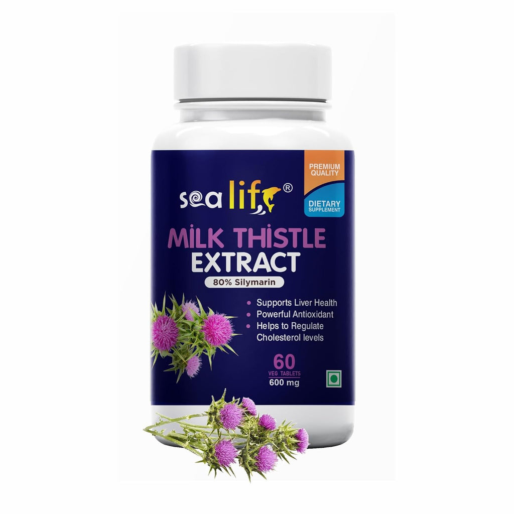 Sea Life Milk Thistle Extract Tablets | Silymarin 80% | Liver Cleanse Detox Support Supplement 600 mg (60 Tablets) Support Protection Against Fatty Liver |For Men And Women