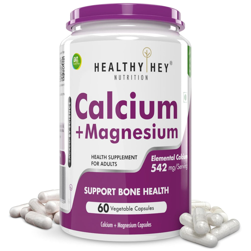 HealthyHey Nutrition Vegan Calcium with Magnesium - Bone Health Complex-60 Vegetable Capsules