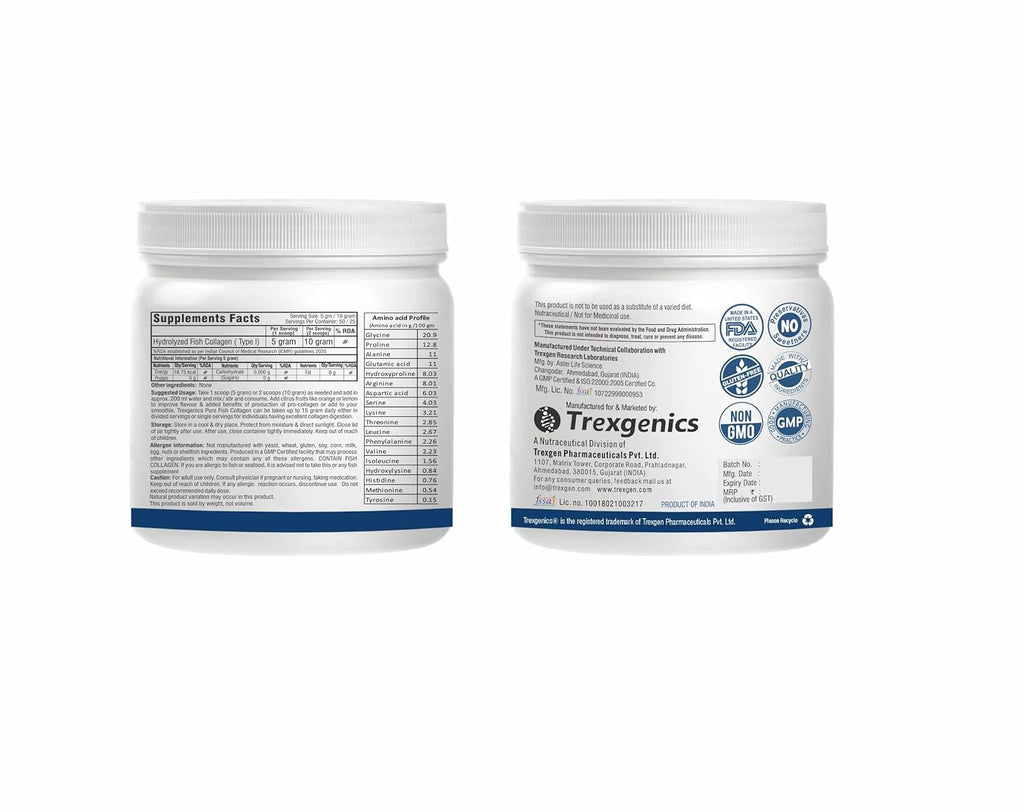 Trexgenics PURE FISH COLLAGEN Unflavoured, Mercury Tested, Almost Odorless & Tasteless Skin, Hair, Nails, Joint & Bone Support (250 gram) (Pack of 1)