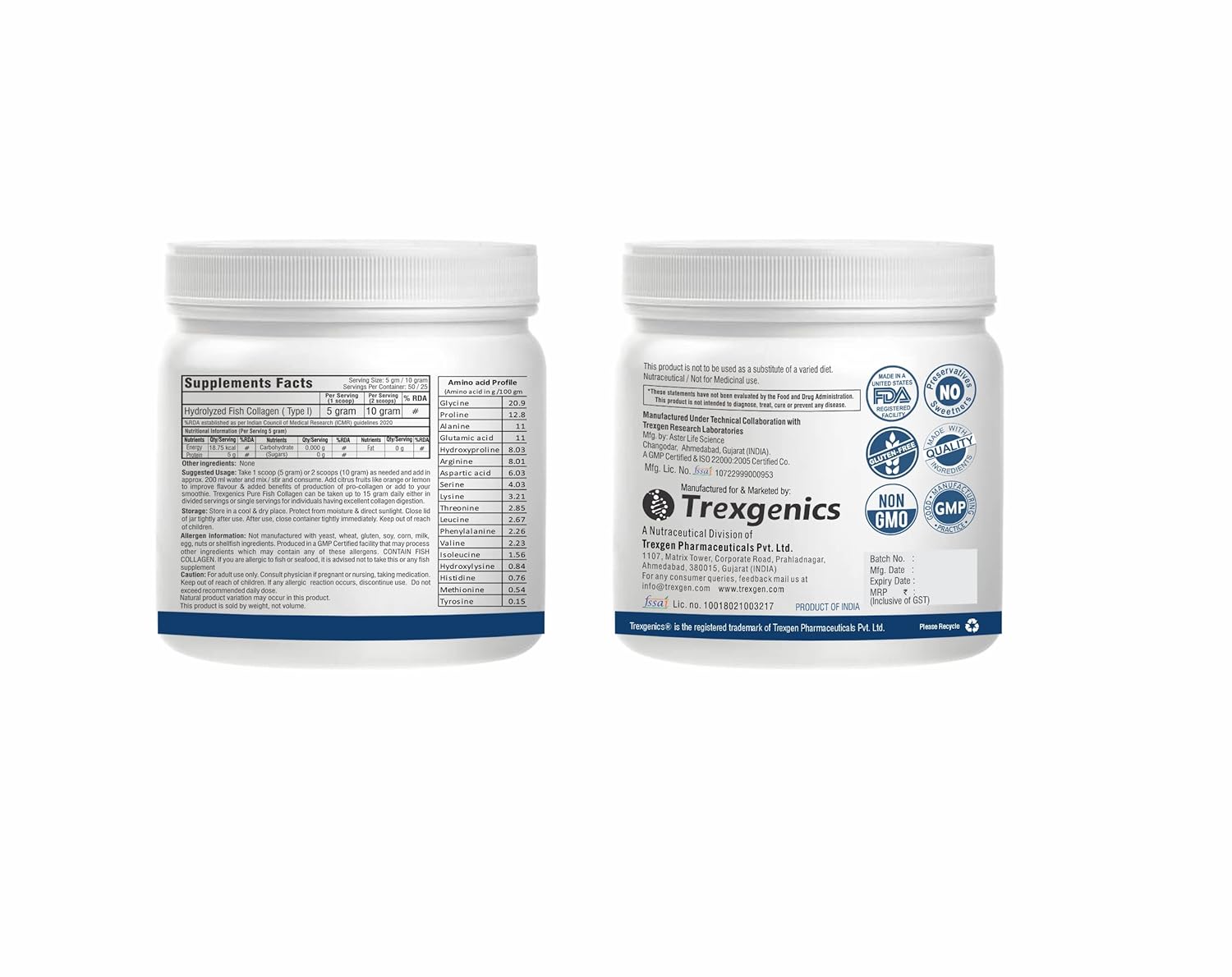 Trexgenics PURE FISH COLLAGEN Unflavoured, Mercury Tested, Almost Odorless & Tasteless Skin, Hair, Nails, Joint & Bone Support (250 gram) (Pack of 1)