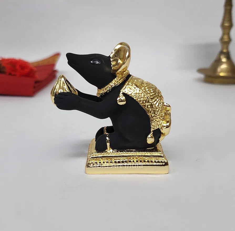 Gold Art India Gold-Plated Mushak  Mouse Pair with Modak Black Terracotta Finish
