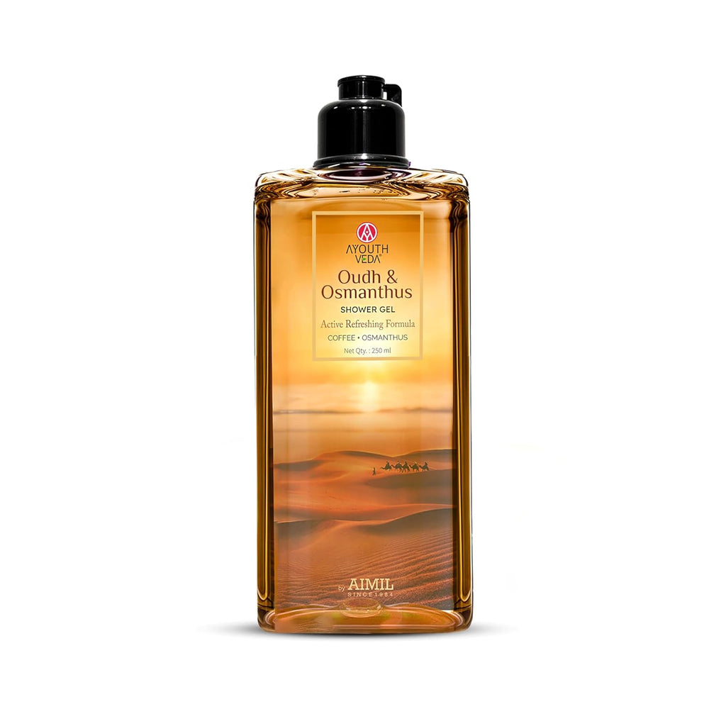 Ayouthveda Oudh & Osmanthus Shower Gel with Coffee | Aromatic Body Wash for Revitalizing & Hydrating Skin | Sulfate-Free Luxury Cleanser for Men & Women | 250 ml