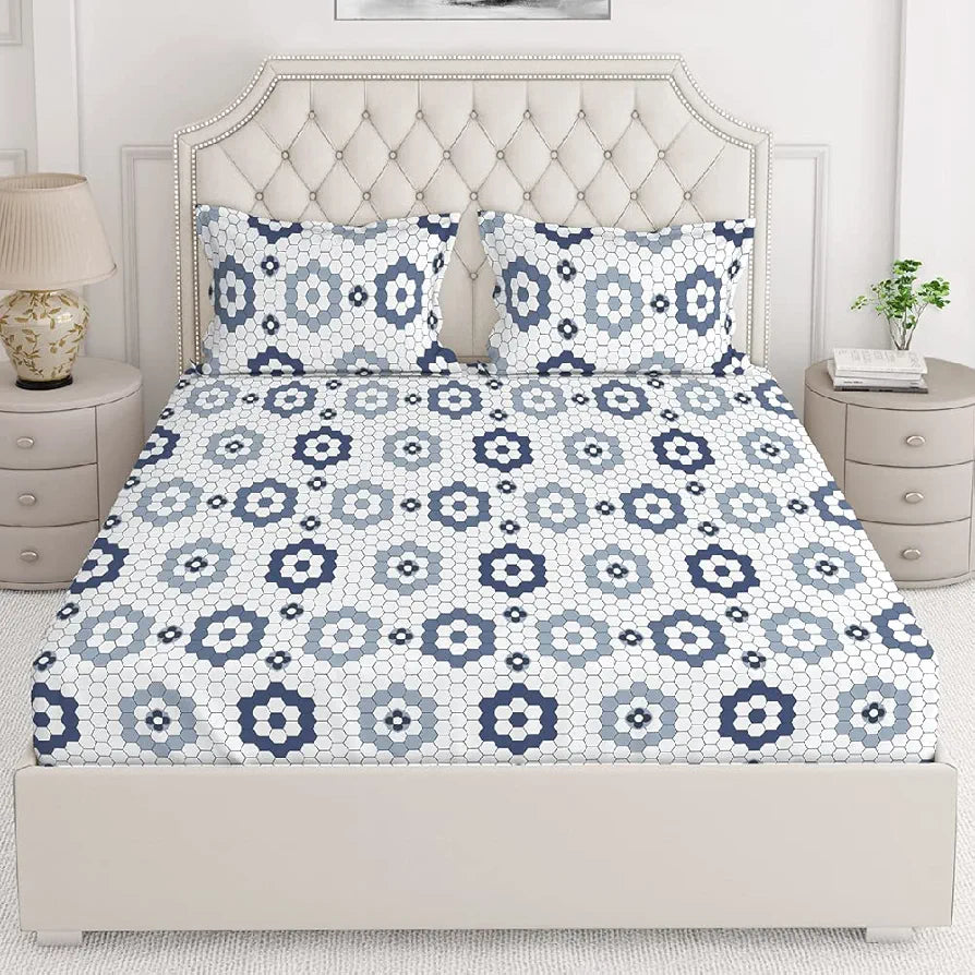 Layers Firenze Cotton Bedsheet Set for All Seasons Lightweight 140 TC Queen Size White & Blue
