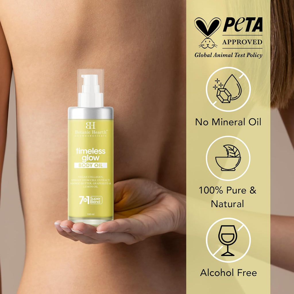 Botanic Hearth Timeless Glow Anti-Aging Body Oil with Vegan Collagen & Stem Cell Extract | Firming Massage Oil for Youthful Glowing Skin | For Women & Men | 100ml