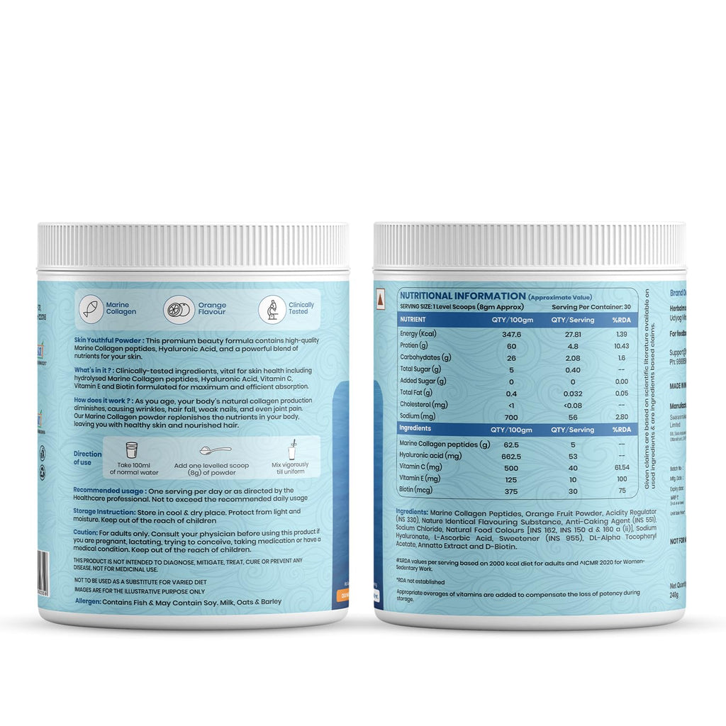 Herbal Max Marine Collagen Powder | Orange Flavour | Type I & III Hydrolyzed Collagen Peptides with Hyaluronic Acid, Vitamin C, Vitamin E & Biotin | Supports Skin, Hair, Nails, Bones & Joints | 240g