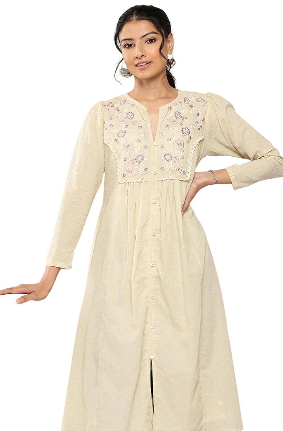Janasya Women's Off White Dobby Cotton Solid A-Line Kurta