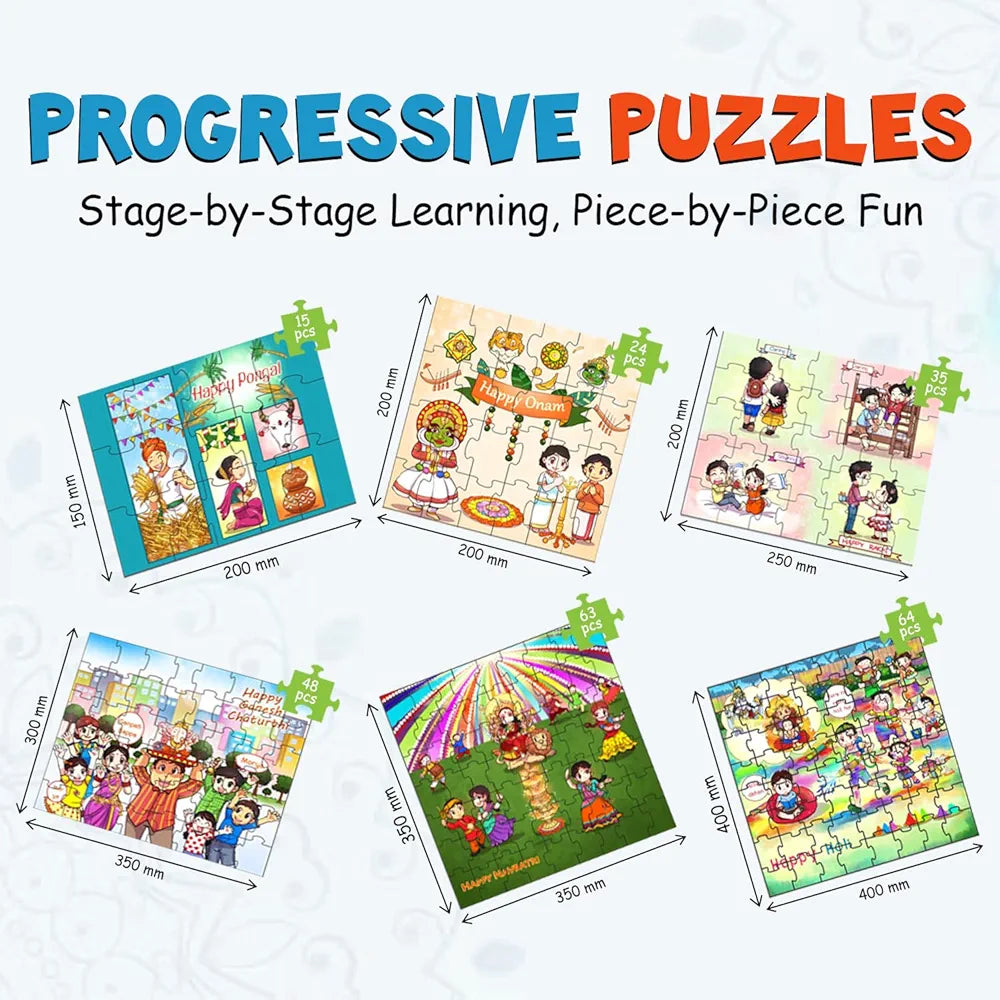 Playqid Festivals of India Puzzle for Toddlers and Children Step-by-Step Jigsaw 17 Growing Puzzles with Flashcards Educational Montessori Gifts for Kids