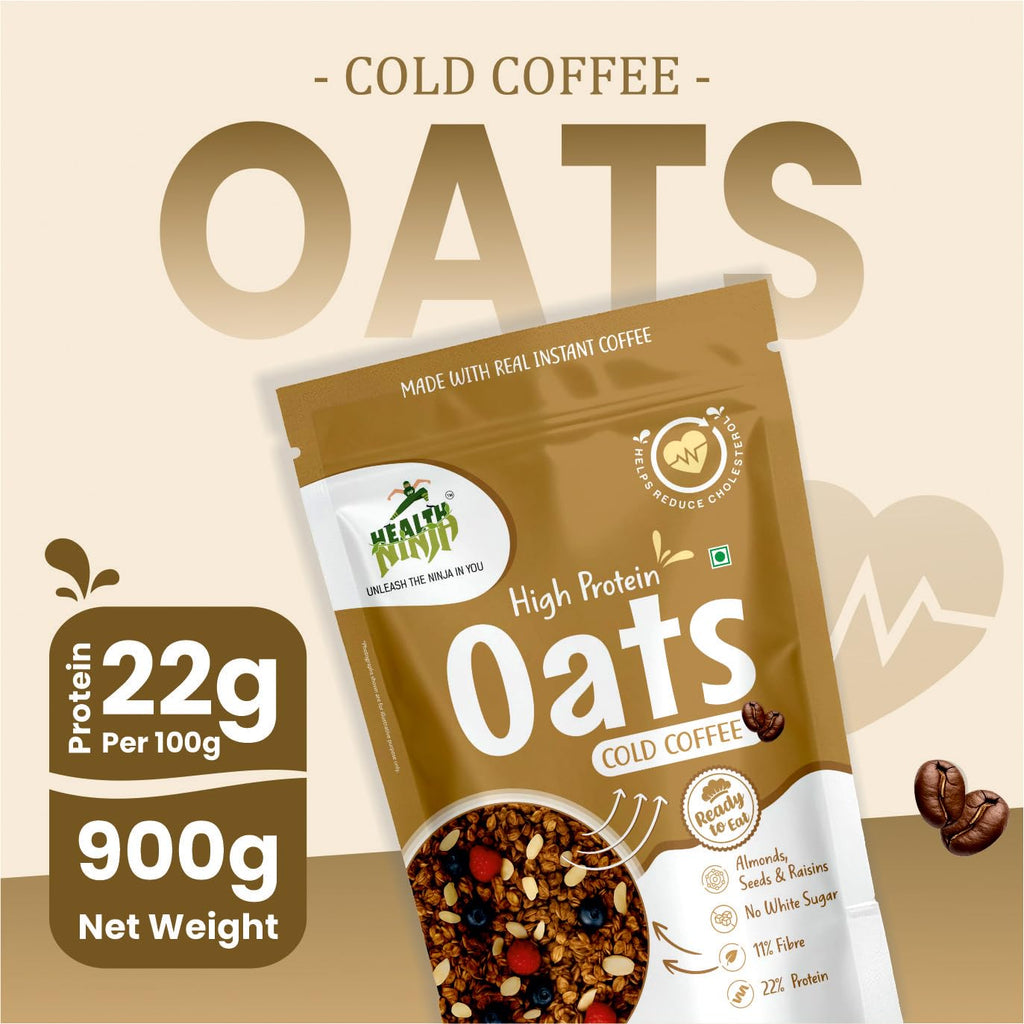Health Ninja High Protein Cold Coffee Oats | Cold Coffee Oats | 22% Protein, 11% Fibre | No White Sugar | Healthy Breakfast Oats