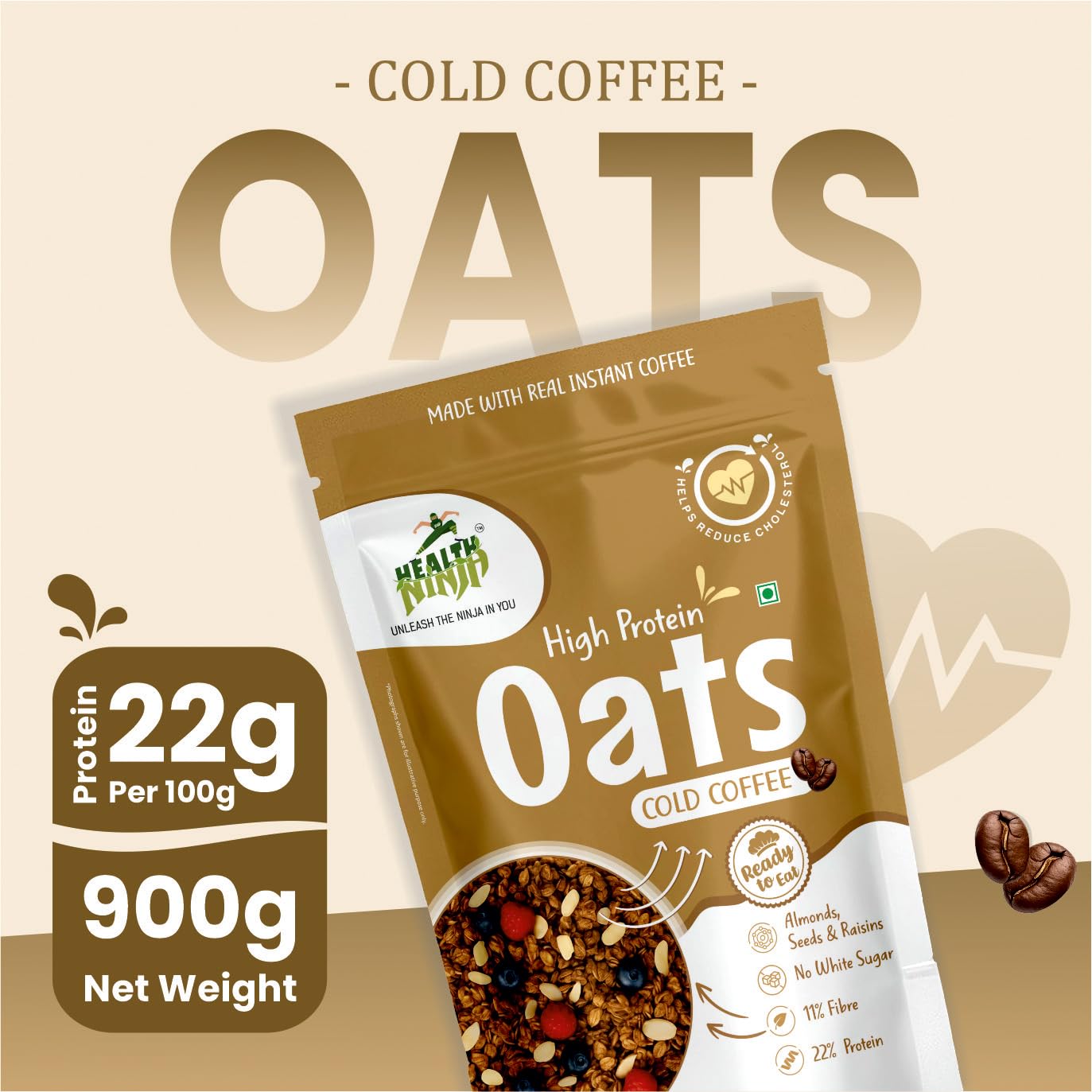 Health Ninja High Protein Cold Coffee Oats | Cold Coffee Oats | 22% Protein, 11% Fibre | No White Sugar | Healthy Breakfast Oats